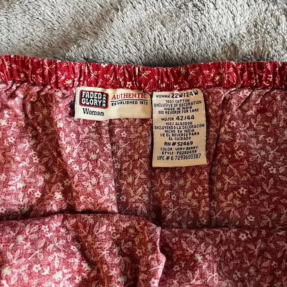 100% Cotton Red Floral Pattern Skirt w Drawstring Tie Waist sz 22/24 Faded Glory